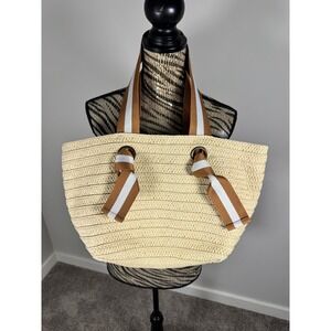 Mark & Graham Straw Tote Bag Beach Summer Tan Brown Stripe Accent